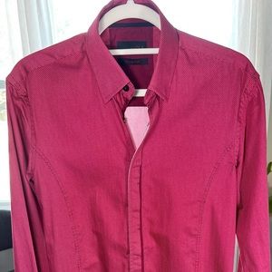 Eight X Premium Slim Fit Red Concealed Buttons Tiny Dots Patterned Button Down